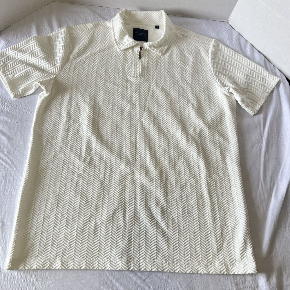Guide London Premium Men's Cream Chevron Knit Zip Polo Shirt Short Sleeve